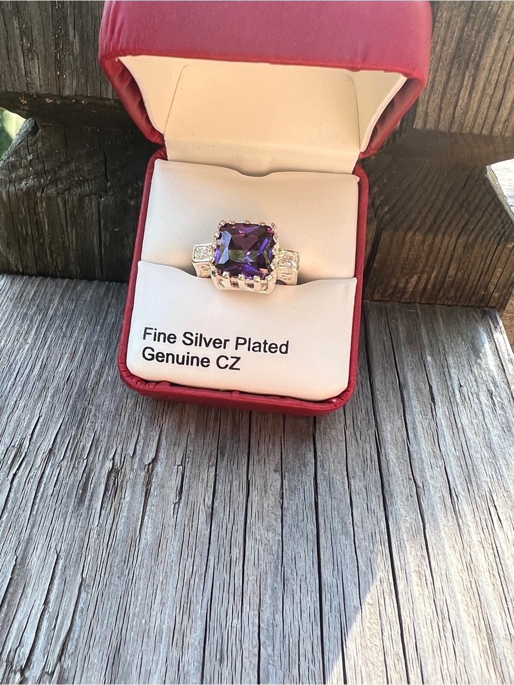 Vintage Fine Silver Plated Amethyst Purple CZ Cushion Cut Cocktail Ring